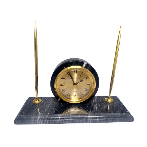 Marble Executive Desk Stationary Clock / Pen Holder, Name Plate / Card Holder - Picture 2 of 12